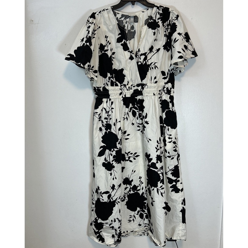 A New Day Women‎ XL Black Ivory Floral Ruffle Sleeve Midi V-Neck Pockets 6392